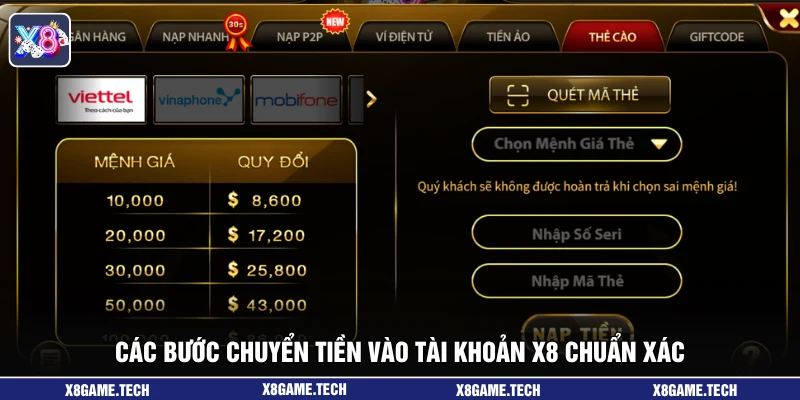 Các bước chuyển tiền vào tài khoản X8 chuẩn xác