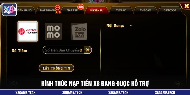 Hình thức nạp tiền X8 đang được hỗ trợ